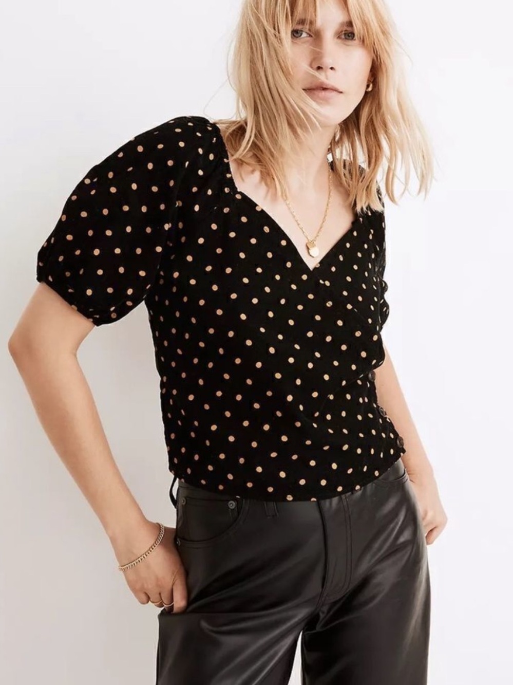Madewell Corduroy Puff-Sleeve Wrap Top in Oval Dot Estimated Size Small